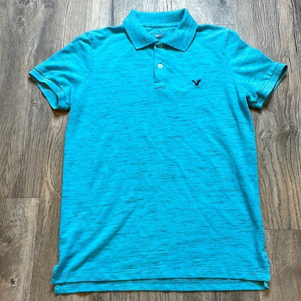 American Eagle Outfitters Mens Core Flex Teal Blue Short Sleeve Polo Tee, size S